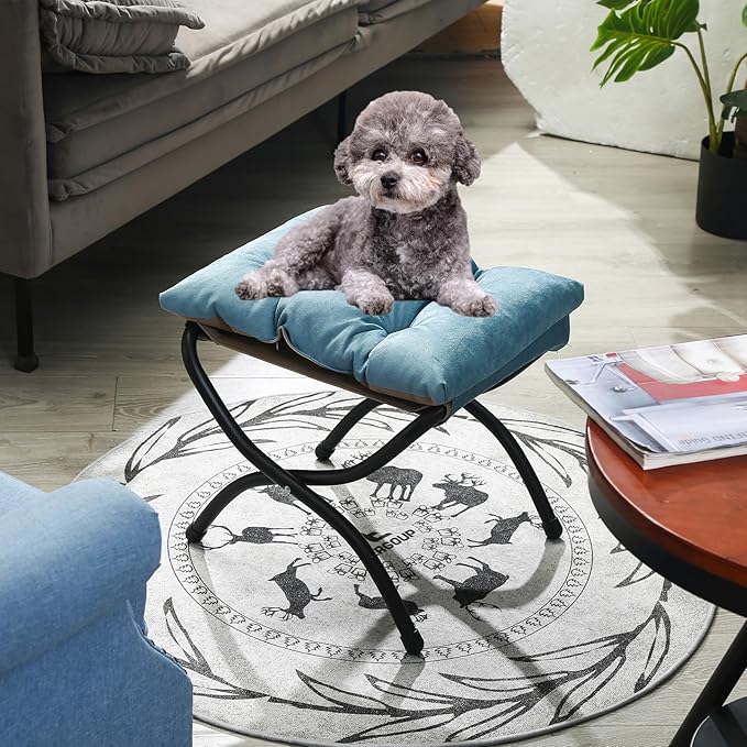 15" Foldable Foot Stool Ottoman with Metal Frame - Washable Blue Upholstered Indoor/Outdoor Footrest for Living Room, Bedroom, Patio - Space-Saving Compact Design