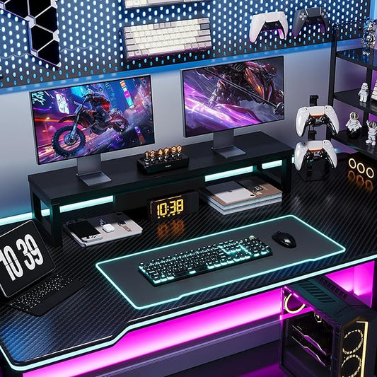 Dual Monitor Stand Riser, Wood and Steel Monitor Stand for Desk, Multi-Purpose Desk Shelf Organizer for Computer, Laptop, Printer, TV, Black