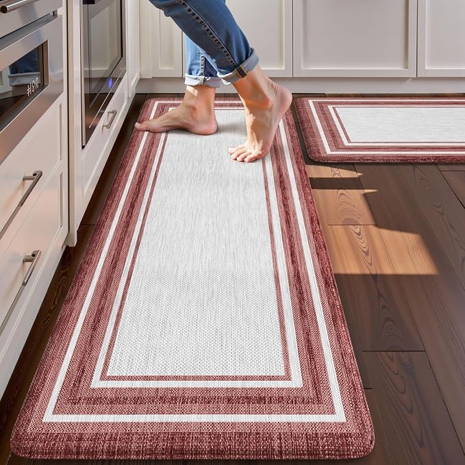 KIMODE Anti Fatigue Kitchen Mats for Floor 2 Piece, Christmas Farmhouse Kitchen Rugs, Padded Kitchen Floor Mats, Standing Desk Mats for Laundry Office Sink Red 17"x47"+17"x29"