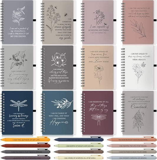 Kosiz 24 Pcs/12 Set Positive Affirmation Gifts Gratitude Spiral Notebooks with Pens Motivational Encouragement Notepads Daily Affirmations Journal for Women (Simple)