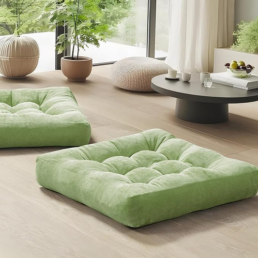 Meditation Floor Pillow Set of 2, Square Large Pillows Seating for Adults, Tufted Corduroy Cushion for Living Room Tatami, Green 22x22 Inch