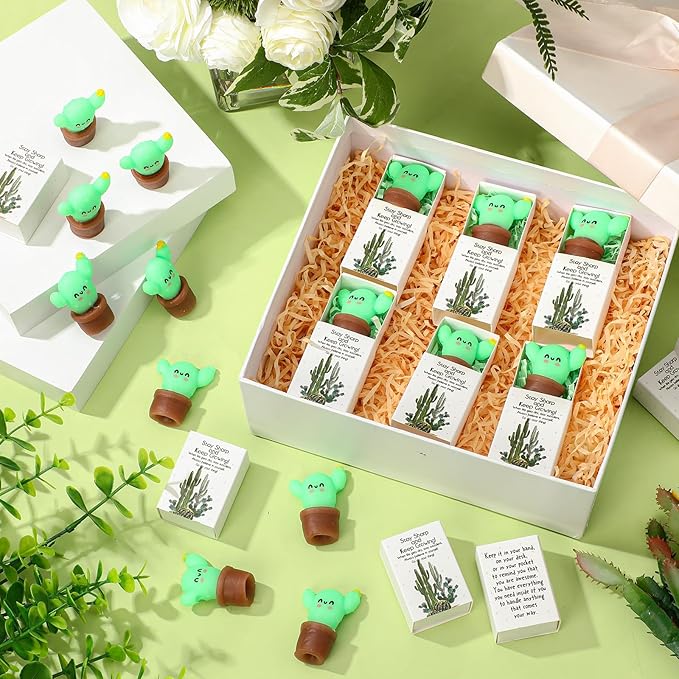 Wettarn 24 Sets Cactus Positive Gifts Cute Stress Balls with Support Gift Boxes Bulk Inspirational Party Favors for Employee Coworker Friends Office Relief Toys Funny Desk Decor