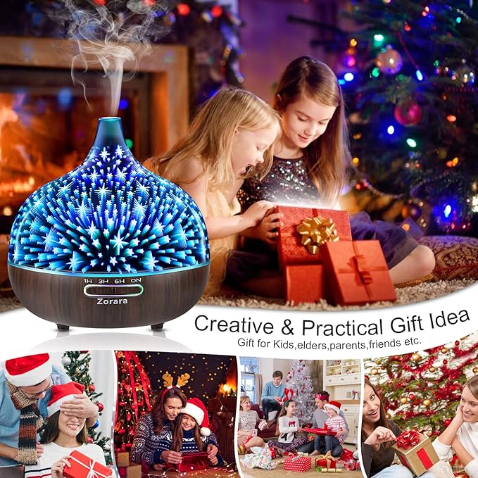 Essential Oil Diffuser 550ml Cool Mist Humidifier 3D Glass Ultrasonic Aromatherapy Humidifier with 7 Color Changing Led Lights, Waterless Auto Shut-Off, Adjustable Timer, Remote Control, Star
