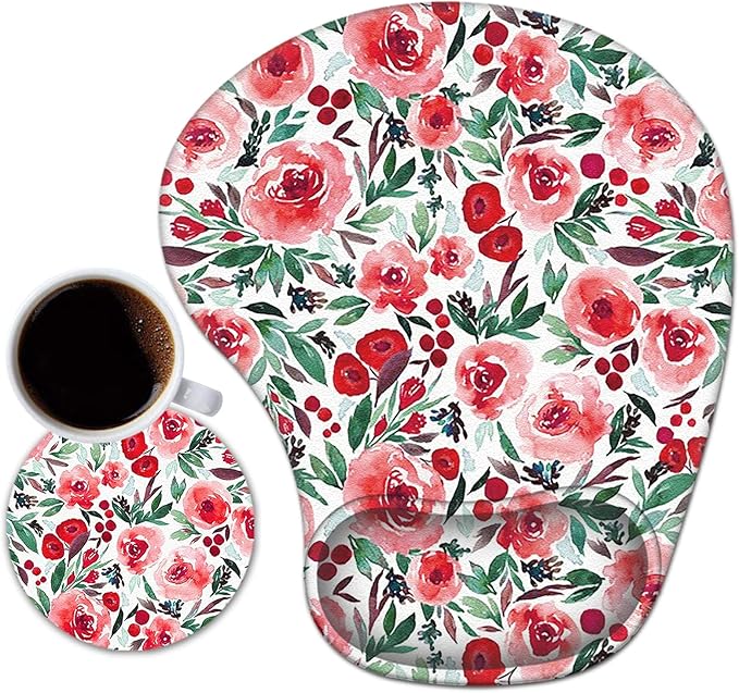 Mouse Pad with Wrist Support, TuLuLu Ergonomic Gel Wrist Rest Pad with Non-Slip PU Base，Comfortable Computer Mouse Pad for Laptop Gaming Office Home Easy Typing & Pain Fatigue Relief, Red Flowers