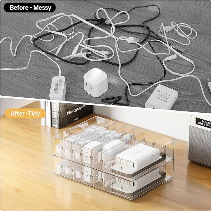 2Pcs Cable Charger Organizer Box, Large Cords Storage Organizer with Adjustable Compartments and Wire Ties, Stackable Cord Organizer for Drawer - Clear