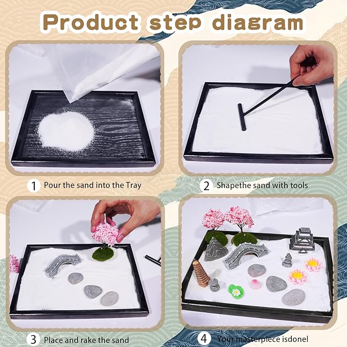 Bbiamsleep Zen Garden Kit for Desk, 9.8 x 7 Inch Mini Zen Sand Garden with 6 Tools, 27 Accessories for Home Office Desktop Japanese Decor