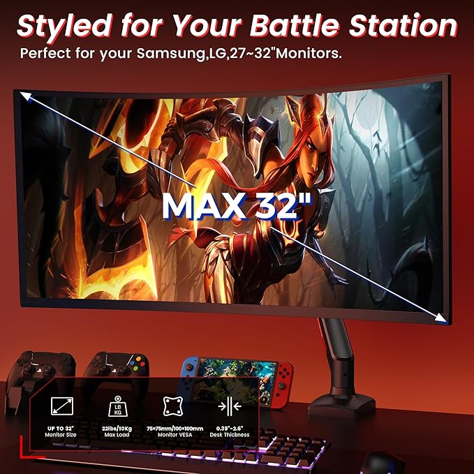 Gaming Monitor Mount for Computer Screen 13-32" and up to 22 lbs,360° Rotation,+90° to -45° Tilt,180° Swivel,with C Clamp and Grommet Base,Integrated Cable Management,75x75/100x100 VESA,RED