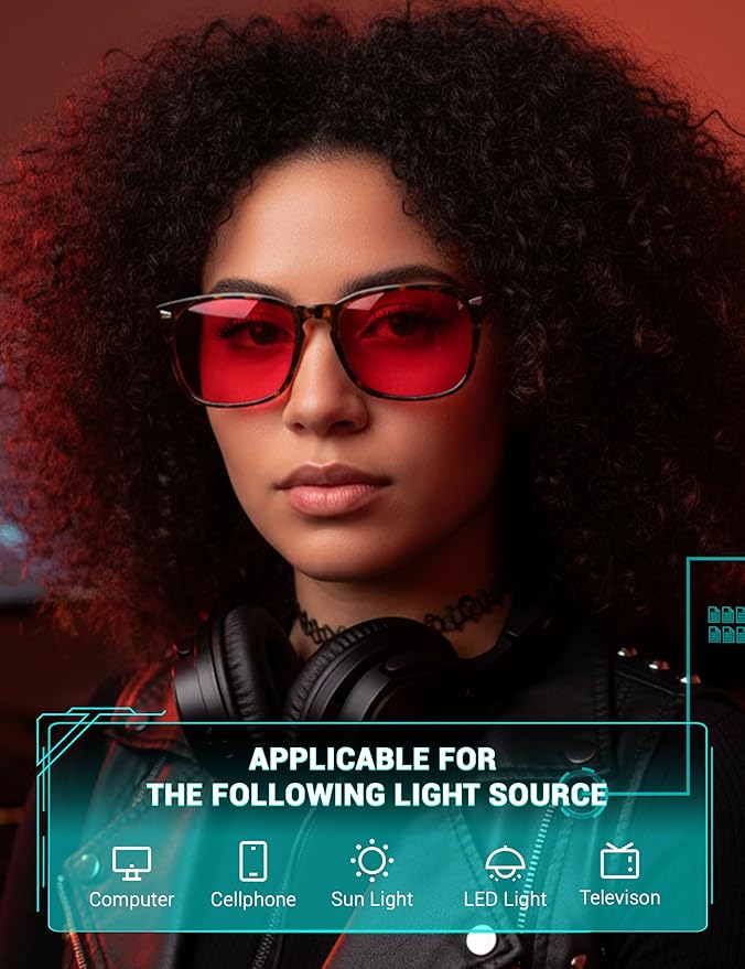 TIJN Sleep Glasses with Blue Green Light Blocking, Red Light Lens for Computer Gaming, Screen Fatigue & UV Protection