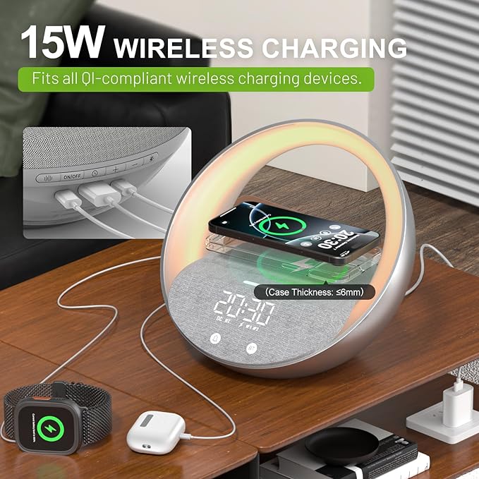 Bluetooth Alarm Clock, Sunrise Simulation Wake Up Night Light, 15W Fast Wireless Charging Alarm Clock for Bedroom, 10W Bluetooth Stereo Sound Speaker, USB Charger Port