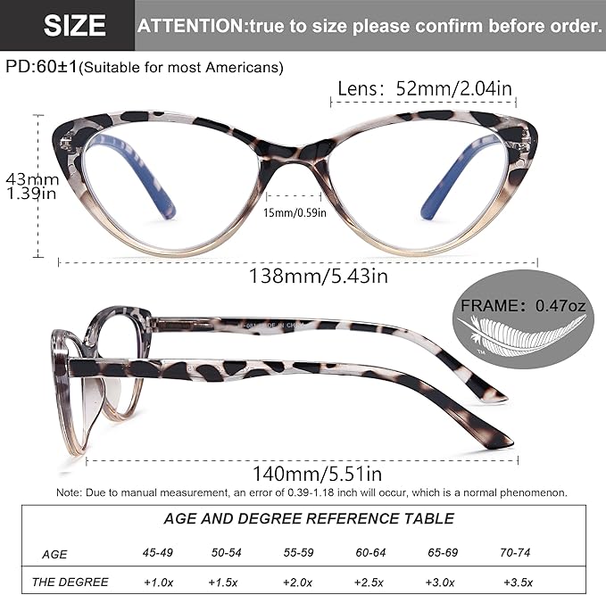 EYEURL Cat Eye Reading Glasses for Women 2 Pair Blue Light Blocking Readers 0.75 Comfort Spring Hinge Lightweight Eyeglasses Anti Glare for Ladies
