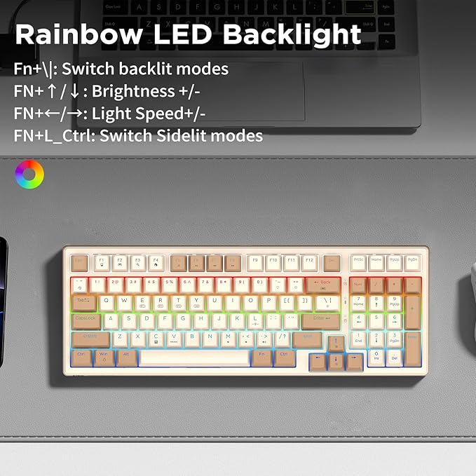 HUO JI 96% Wireless Mechanical Keyboard, Hot Swappable, Pre-lubed Blue Switches, Gasket Structure, Bluetooth/2.4GHz/USB-C, Led Backlit Sidelit, Custom Gaming Keyboard for PC (Peach)