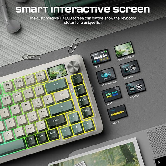 Redragon K708 Pro Wireless Mechanical Gaming Keyboard - Gasket-Mounted RGB Backlit, 81 Customizable Keys, 3-Mode (2.4G/Bluetooth/USB), Hot-Swap Pre-Lubed Switches, Screen & Control Knob - White Green