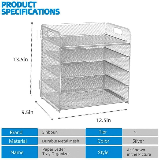 Letter Tray Paper Organizer 5-Tier Desk Organizer File Organizer Paper Holder with Handle, Metal Desktop Document Shelf Tray Office Classroom Organization - Silver