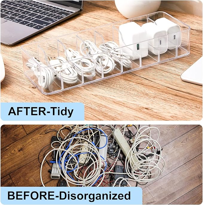 Tatuo 1 Pcs Cable Organizer with 10 Wire Ties, Plastic Cord Storage Charger Box Electronics Organizer with Adjustment Compartments Cable Storage for Drawer Home Office Desk Accessories (Clear)