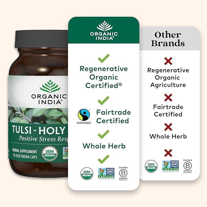 ORGANIC INDIA Tulsi Holy Basil Capsules - Holy Basil Extract - Holy Basil Leaf Supplement, Herbal Supplement, Immune Support, Stress Relief, Vegan, Gluten-Free, Kosher, Organic, Non-GMO - 60 Capsules