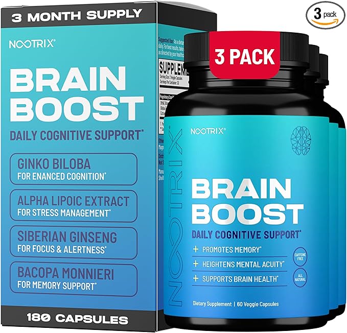 Brain Boost Nootropic Supplement | Supports Memory, Mental Focus, Cognitive Health & Energy | Promotes Healthy Mood & Brain Function | Ginkgo Biloba & DMAE | 180 Capsules