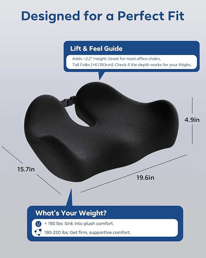 Feagar Memory Foam Seat Cushion - Extra Thick for Hip, Sciatica, Tailbone & Back Pain Relief - Office Chair & Car Seat Cushion for Desk Workers, Seniors, Truck Drivers, and Work from Home