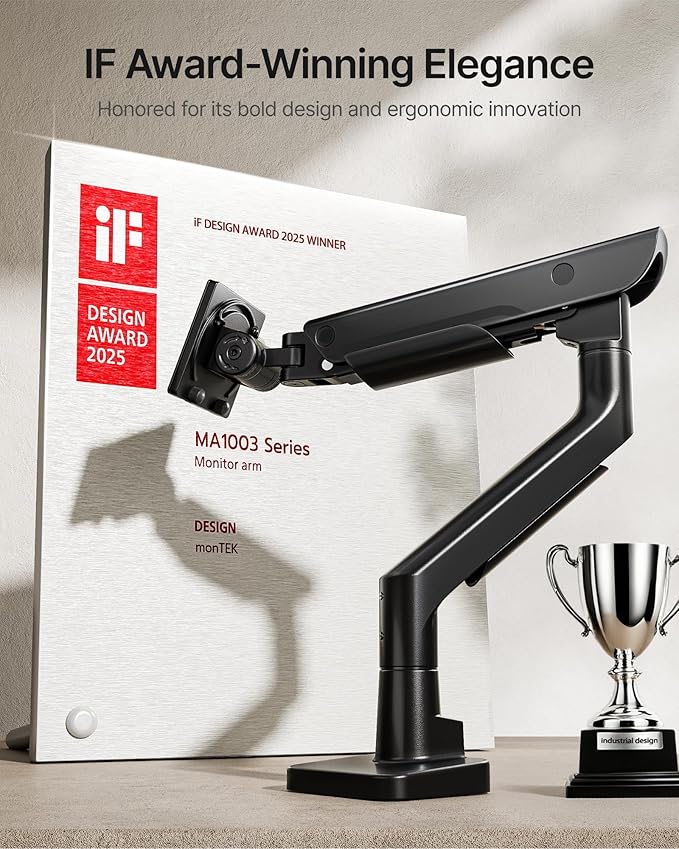monTEK Sleek Aluminum Monitor Arm for 17–57” Ultrawide Screens up to 59 lbs, Heavy Duty Single Monitor Arm Desk Mount, Pneumatic Lift, Quick-Release Plate, Clamp/Grommet, Max VESA 100x100