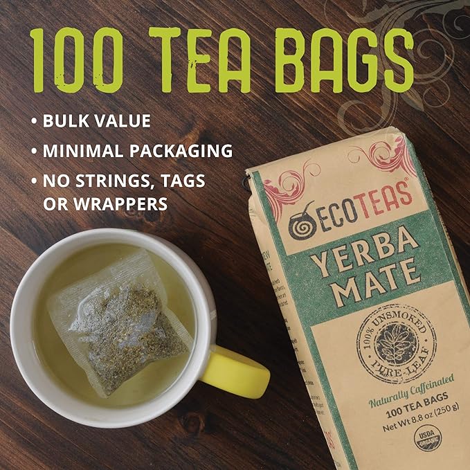 ECOTEAS Premium Organic Yerba Mate Tea Bags – Natural Energy & Detox Herbal Tea – Coffee Alternative - Kosher, Non-GMO, Gluten-Free - 100 Unsmoked Bulk Bags, 8.8 oz (Pack of 1)