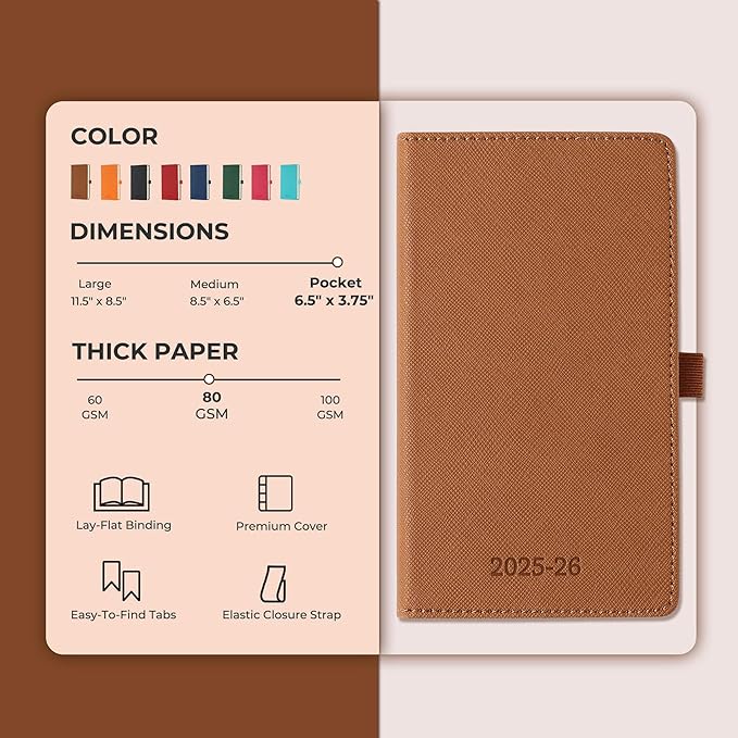 Weekly Monthly 2025-2026 Planner (July 25-Dec 26),6.5"x3.75",18 Months Agenda Plan with Month Tabs & Pocket,Expenses/Note Pages, Academic Calendar with Vegan Leather Cover,Brown