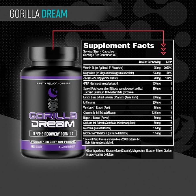 Gorilla Mind Dream Sleep Supplement (120 Capsules) - Nootropic Infused Comprehensive Sleep & Recovery Supplement - GABA, Melatonin, Valerian Root, Magnesium, L-Theanine, Sensoril, Ashwagandha & More