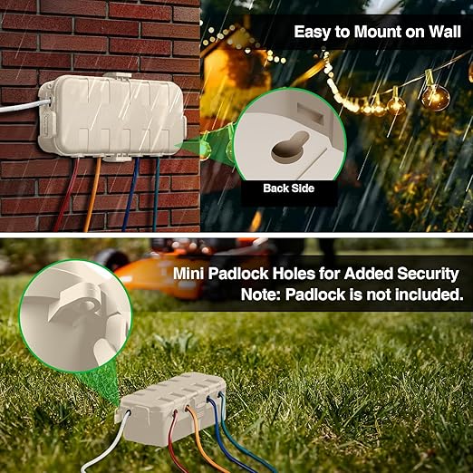 RESTMO Outdoor Electrical Box, IP54 Weatherproof Extension Cord Cover with 6 Cable Entry Ports, Waterproof Connection Box Protect Power Strip, Timer, Plug, Holiday Lights, (11.5x5.2x4 inch), Almond