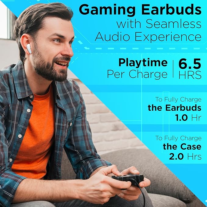 MyJoy Cool Wireless Earbuds, Wireless Gaming Earbuds, Bluetooth Gaming, Noise Cancelling Ear Buds, Noise Cancelling, White