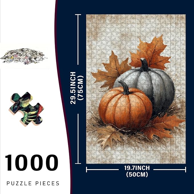 1000 Piece Wooden Jigsaw Puzzle Fall Pumpkin Patch Adults Dementia Therapy Tool Gentle Cognitive Exercise Stress Relief Memory Boosting Quiet Play for Elderly Care & Home 29.5x19.7 Inch