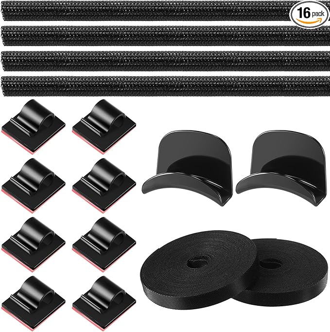 16 Pcs Cable Management Organizer Kit Include Retaining Wire Clips Wire Organizer Sleeve Cable Ties Headphone Hanger Holder for Computer (Black)