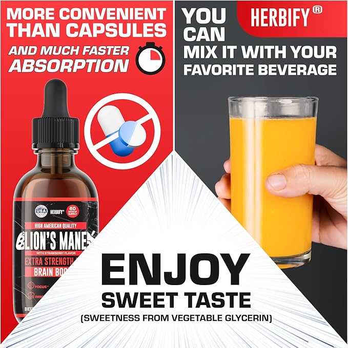 HERBIFY Lions Mane Supplement - Daily Mushroom Supplement for Memory, Focus & Clarity - Brain Booster - Lions Mane Tincture for Immune Support - 4 Fl oz Strawberry Flavor