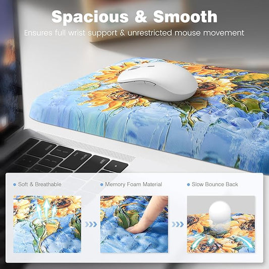Ospelelf 3 in1 Ergonomic Wrist Rest Pad for Computer Keyboard and Mouse, Large Mouse Pad Set with Support for Office, Sunflower