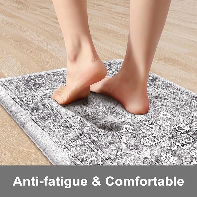 KIMODE Kitchen Mats Cushioned Anti Fatigue 17"x29", Boho Oriental Kitchen Rug, Non Slip Kitchen Mats for Floor, Comfort Padded Kitchen Floor Mat for Sink, Laundry, Office, Desk Grey Brown