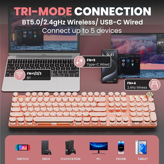 EWEADN V20 Typewriter Keyboard Wireless, 104 Keys Typewriter Style Mechanical with White Backlit, Media Knob, Pink Switch 2.4G/Bluetooth/USB-C Wired Retro Full Size Keyboard for Windows/Mac/PC-Pink