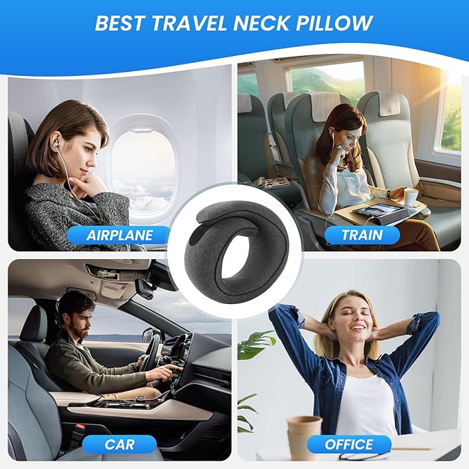 Badink® Memory Foam Neck Travel Pillow, Neck Pillow Airplane with MagicStrap – Adjustable Ergonomic Travel Pillow for Office/Airplane/Car, Washable Cover, Portable Cervical Support （Darkgrey）