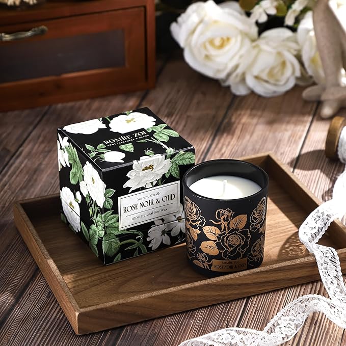 Scented Candle - Rose Noir & Oud- 6oz Aromatherapy Soy Wax Jar Candle for Home, Gifts for Women - 170g