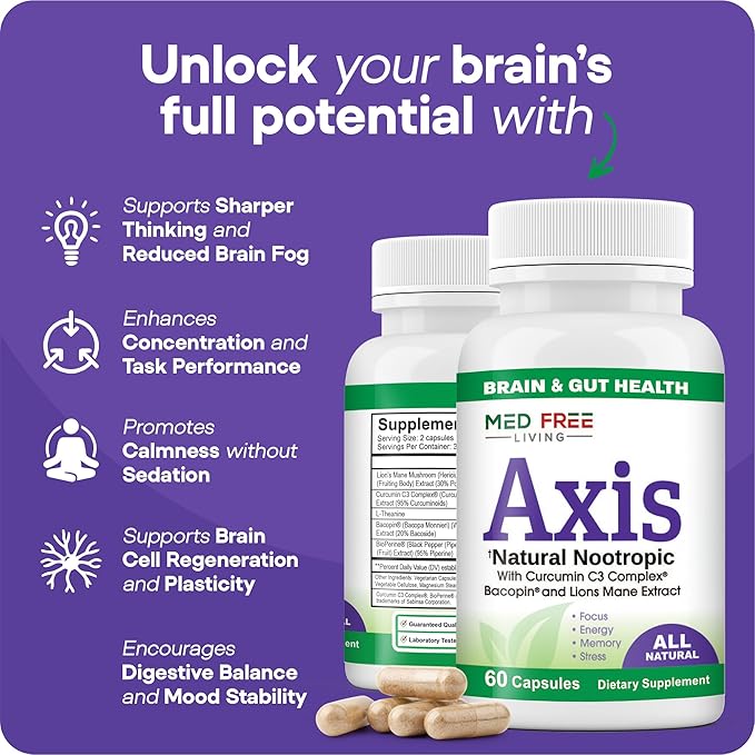 Axis Natural Brain Supplement with Curcumin C3 Complex, Bacopin, and Lion's Mane Extract - Brain & Gut Health Support, Focus, Energy, Stress Relief - 60 Capsules, All-Natural, Med Free Living (1)