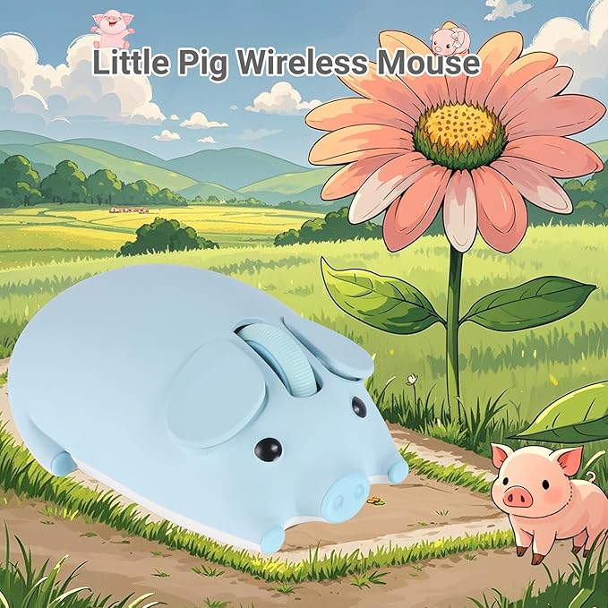 Cute Pig Design Wireless Mouse - Dual Mode Bluetooth & USB, Silent Operation, Ergonomic, Ideal for Laptops & PCs, for Animal Lovers and Family (Blue)