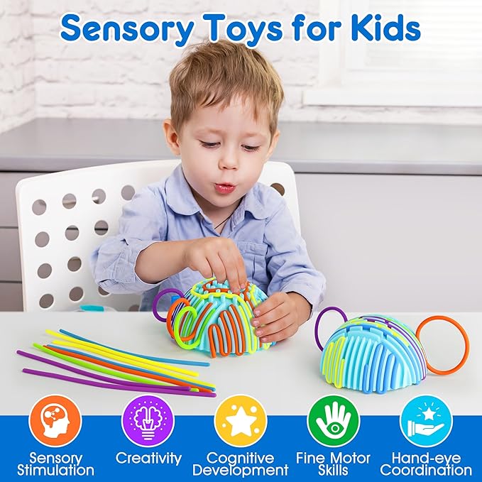 Sensory Fidget Toys for Kids Adults, Sensory Activity Ball with 20 Strings, Sensory Toys for Autism ADHD Calming Focus Stress Relief, Travel-Friendly Toys with Portable Storage Bag