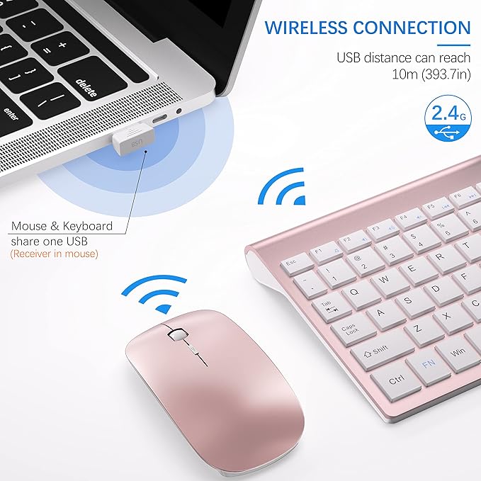 Wireless Keyboard and Mouse Ultra Slim Combo, TopMate 2.4G Silent Compact USB 2400DPI Mouse and Scissor Switch Keyboard Set with Cover, 2 AA & 2 AAA Batteries,for PC/Laptop/Windows/Mac-Rose Gold White