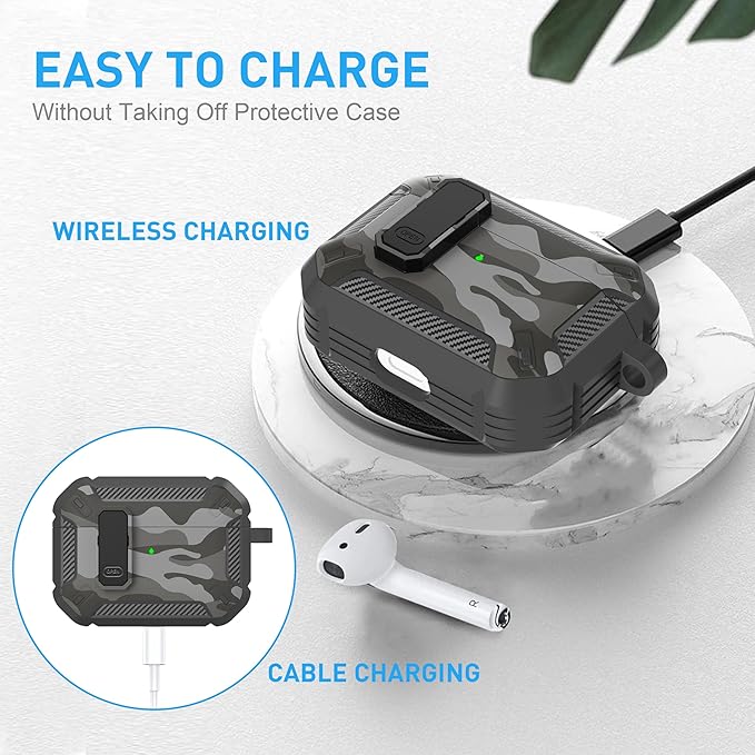 Maxjoy for AirPods Pro Case Cover with Lock, AirPods Pro 1st Generation Case for Men Military Rugged Protective Cover with Keychain Compatible with Apple AirPod Pros 2019 Front LED Visible, Grey Camo