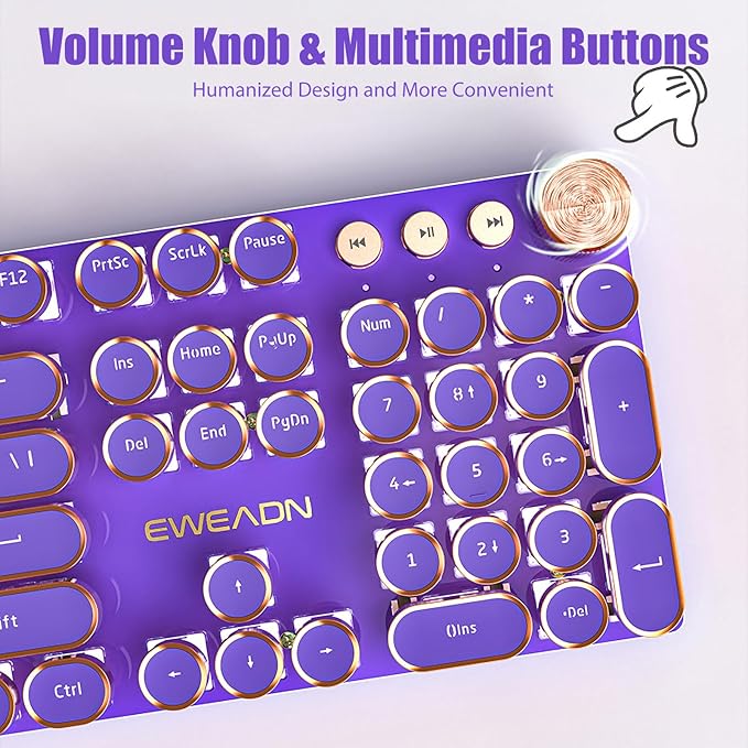 Typewriter Style Mechanical Gaming Keyboard White LED Backlit 104-Key NKRO Pink Switches Retro Round Keycaps Golden Ring Volume Knob Metal Panel Wired USB-C Detachable Cable, Purple