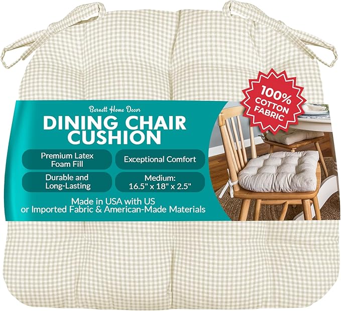 Barnett Home Decor Madrid Natural Dining Chair Pad with Ties - Medium Size 18 Chair Cushion - Latex Foam Fill - Machine Washable, Reversible, 100% Cotton, Made in USA (Neutral Gingham)