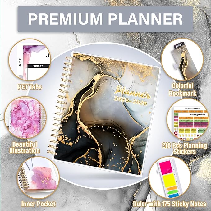 Planner 2025-2026, Large 18 Months Academic Daily Weekly Monthly Planner Yearly Agenda July. 2025–Dec. 2026, 7.9" x 9.8", Page Tabs, Separator Page, Pocket Folder, Bookmark, Stickers, Sticky Note Set