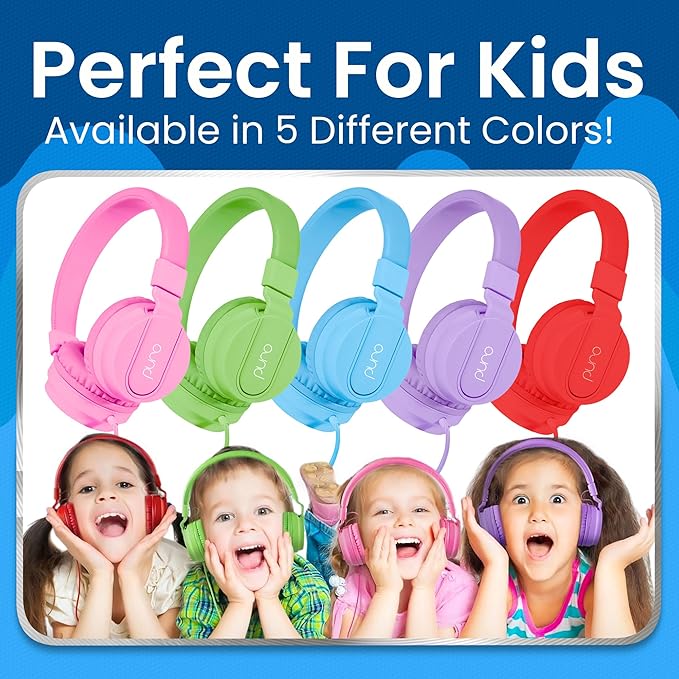 Puro Sound Labs PuroBasic Wired Headphones for Kids - Volume-Limiting & Adjustable with Microphone – Compatible with Smartphones, Tablets, PCs, and More – Safe, Durable Headphones for Kids – Blue