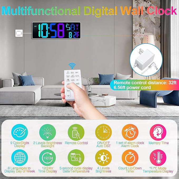 Large Digital Wall Clock Large Display 17.2" Big Digital Timer with 9 Groups Timer Remote Control for Gym Classroom 10 Colors Available for LED Wall Clock with Temperature Date Week DST Dynamic RGB