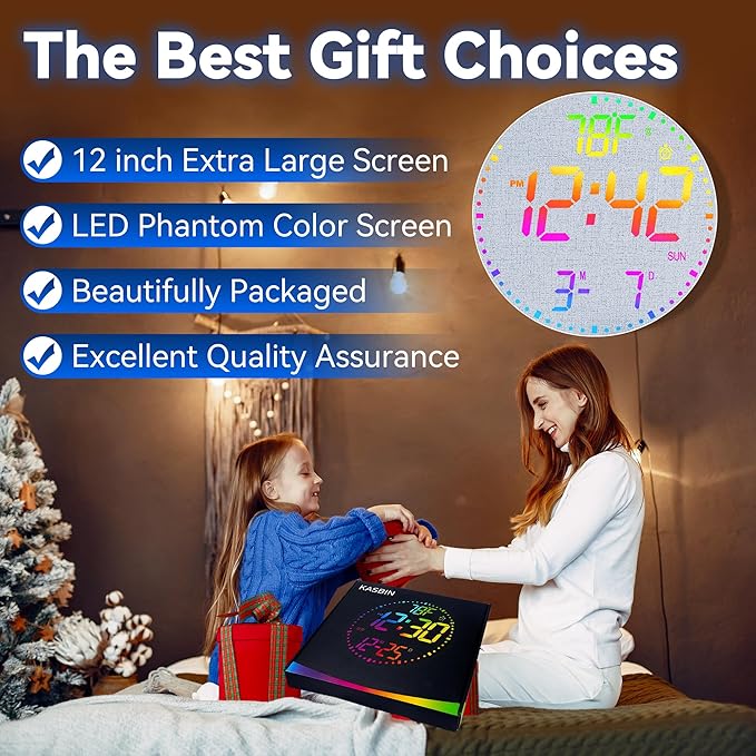 Kasbin 12 Inch Large Digital Wall Clock with Remote Control,RGB Color,Timer Date Temperature Display,Modern Clock for Living Room Bedroom Decor, Gift for Elderly (Grayish, 12")