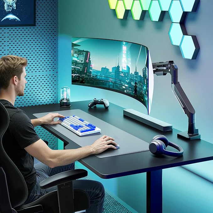 ARES WING Heavy Duty Single Monitor Arm - Gas Spring Aluminum Monitor Mount for 24"-57" Ultrawide Screens up to 66 lbs with Clamp/Grommet Desk Mount, 75/100/200 Vesa Mount, Black