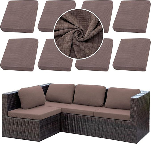 8Pcs Stretch Patio Cushion Cover Outdoor Cushion Cover Slipcovers Couch Cover Waterproof Replacement Sofa Cushion Covers Thick Jacquard Textured Twill Fabric Porch Patio Furniture Protector（Camel）