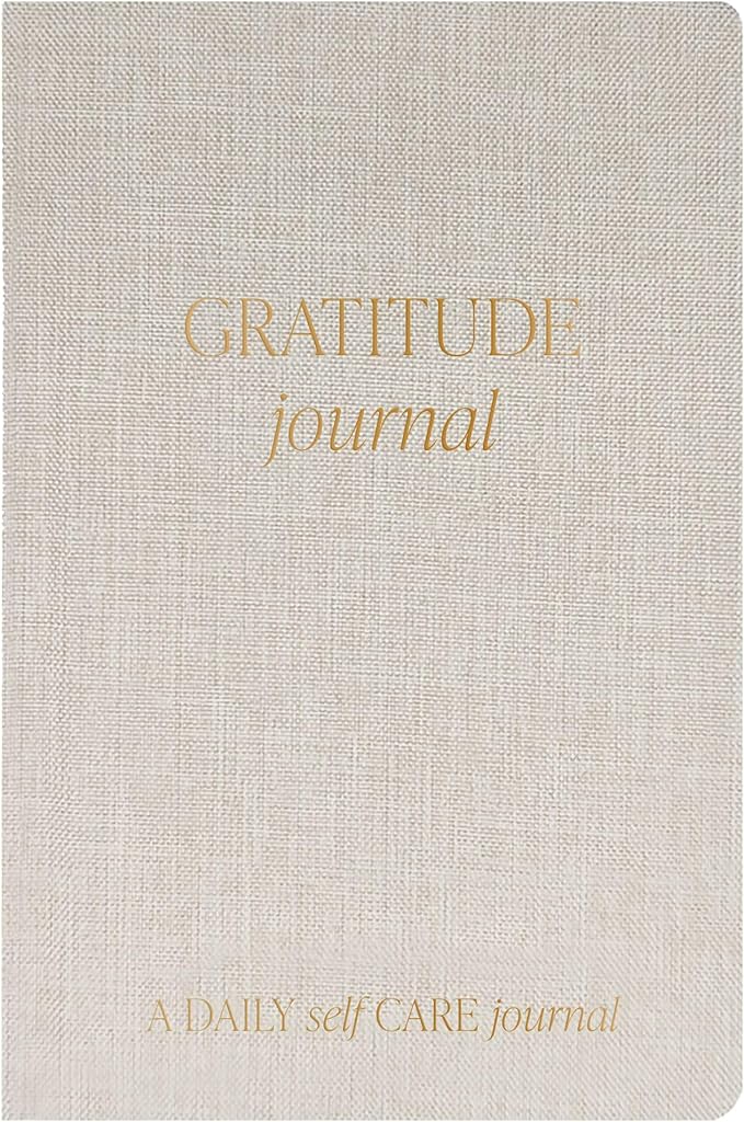 Sweet Water Decor Gratitude Daily Journal, Cute Prompted Notebook for Women, 184 Ruled Pages for 1 Year of Daily Reflection, Tan Fabric Journal with Gold Foil Details and a Satin Ribbon Bookmark