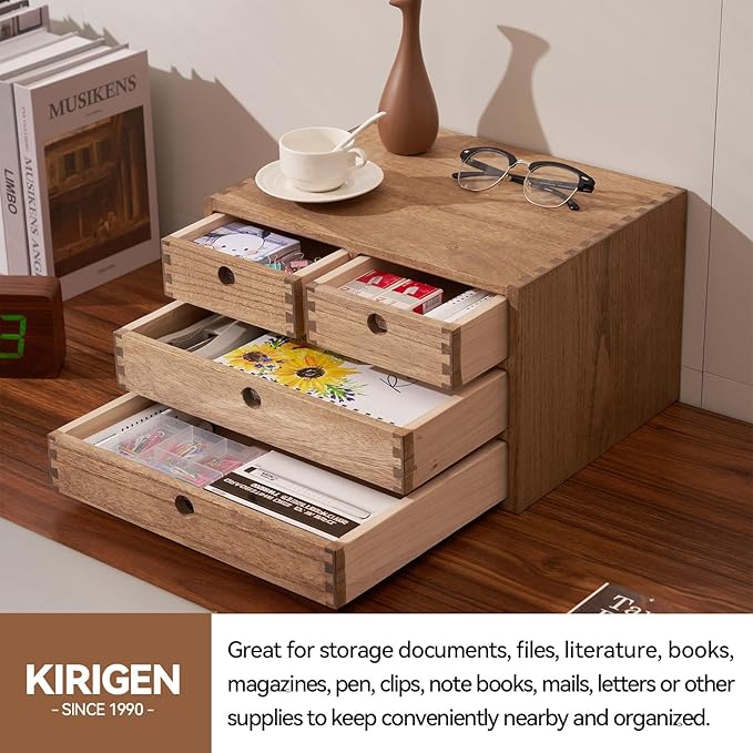 Kirigen Wood Desktop Storage Cabinet/Workspace Document Office necessity Organizer with 4 Drawers/Home,office Letter Mail Sorter with 3 levels/Hold Makeup Box (BR, 3-layer &4 drawers) Dark brown